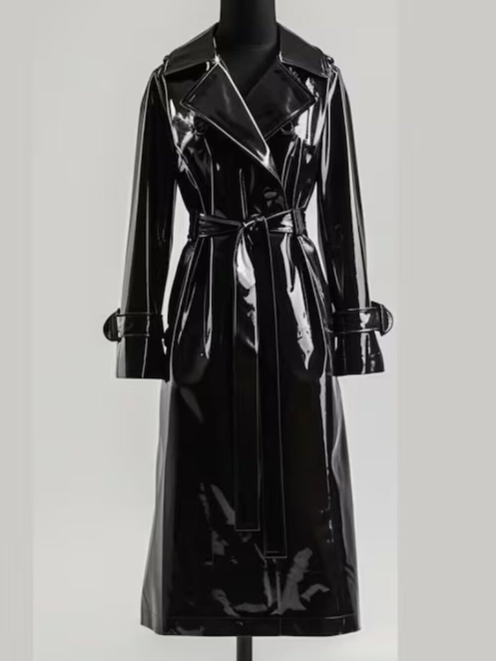 NEW!! NERAZURRI Long Shiny Patent Black Faux Leather Trench Coat Sz 2X